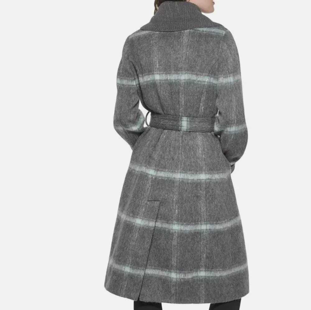 DKNY Women's Knit-Collar Belted Wrap Coat Charcoal Grey Wool - Picture 6 of 9
